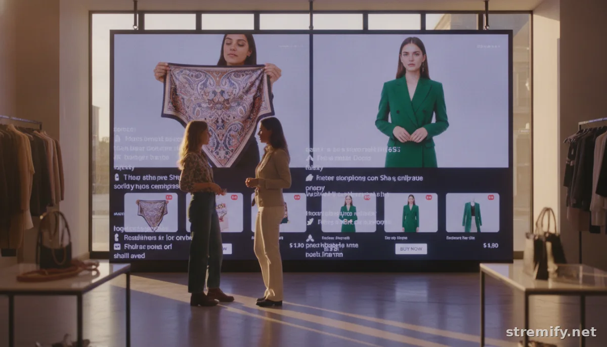 Boutique displaying a multicam live shopping broadcast with several camera angles and real-time comments