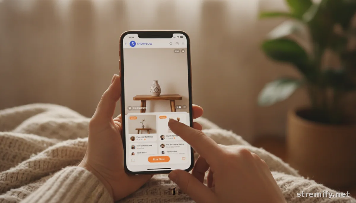 hands using a live shopping app with clear branding and company logo displayed