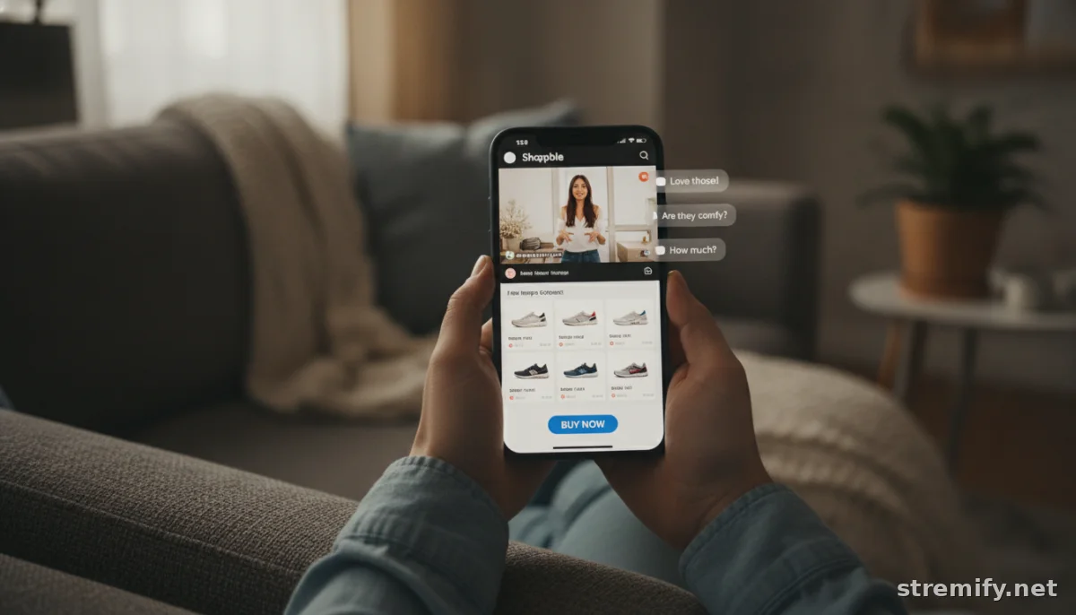 Hands holding smartphone browsing live selling stream with interactive buy buttons, sofa setting