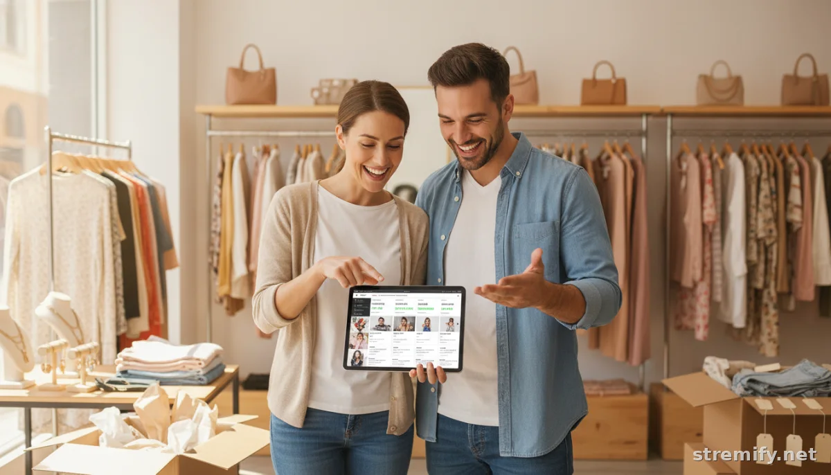 Small business owners celebrating live selling sales in boutique, tablet showing incoming orders