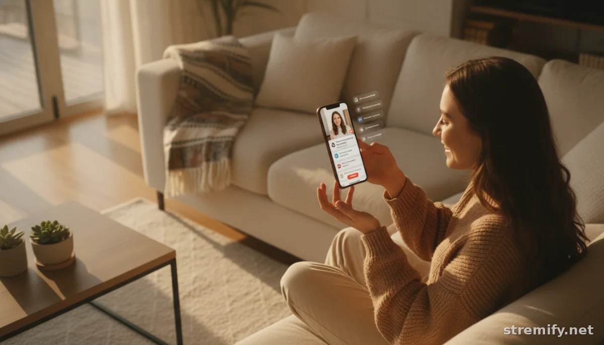 Creator selling digital products in live stream from home on smartphone