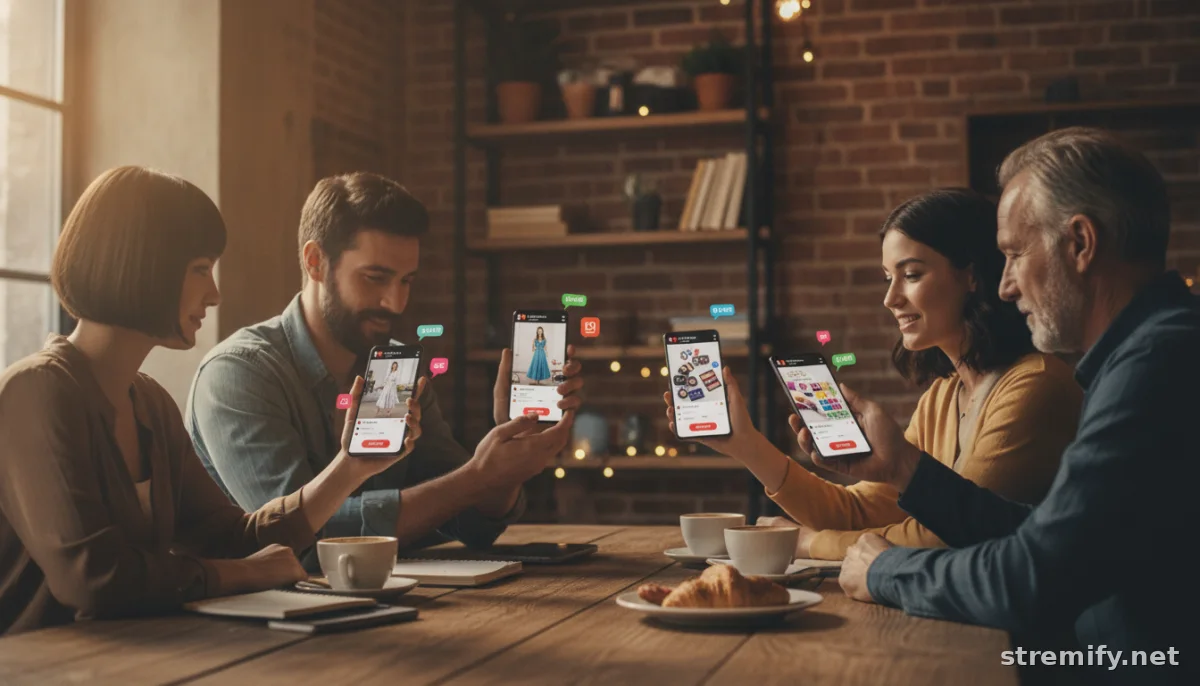 Creators watching and engaging with live streaming tools for e-commerce in a cafe