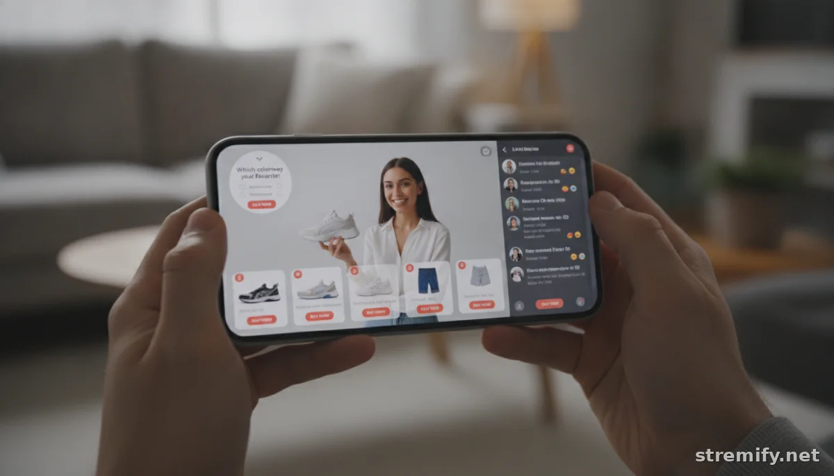 customer interacting with live shopping stream featuring product cards and quizzes