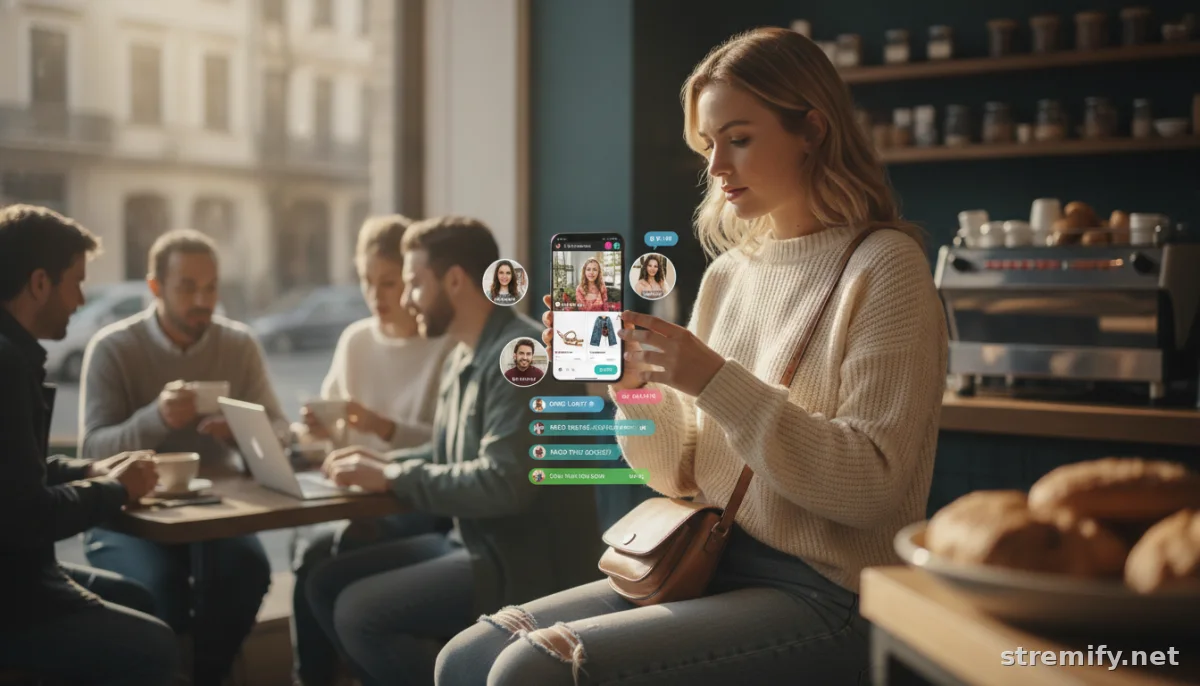 Live shopping stream in a cafe featuring customer testimonial clips and live chat