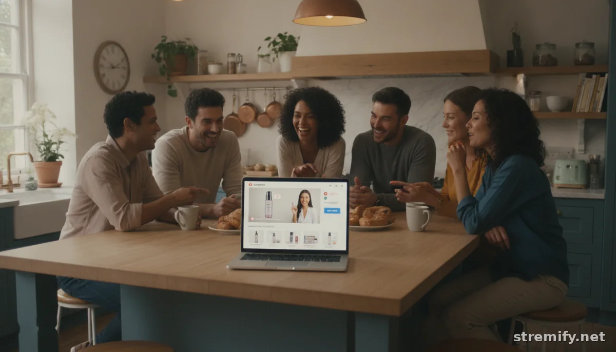 desktop live shopping experience with group gathered around laptop in kitchen