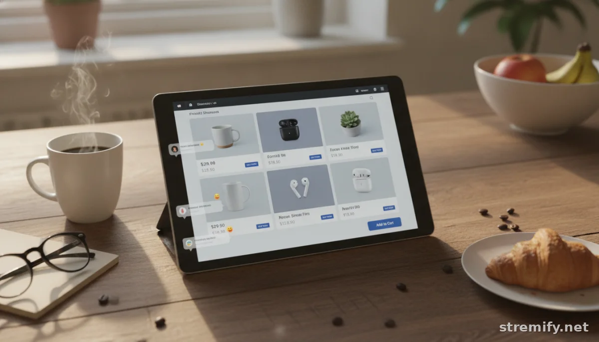 Tablet showing a real-time product feed for dynamic product showcases in a kitchen setting