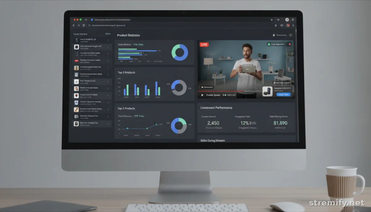 merchant dashboard with live sales data and a streaming video window