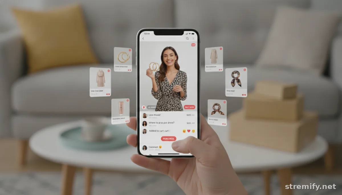 phone displaying a live ecommerce stream with product cards and interactive comments