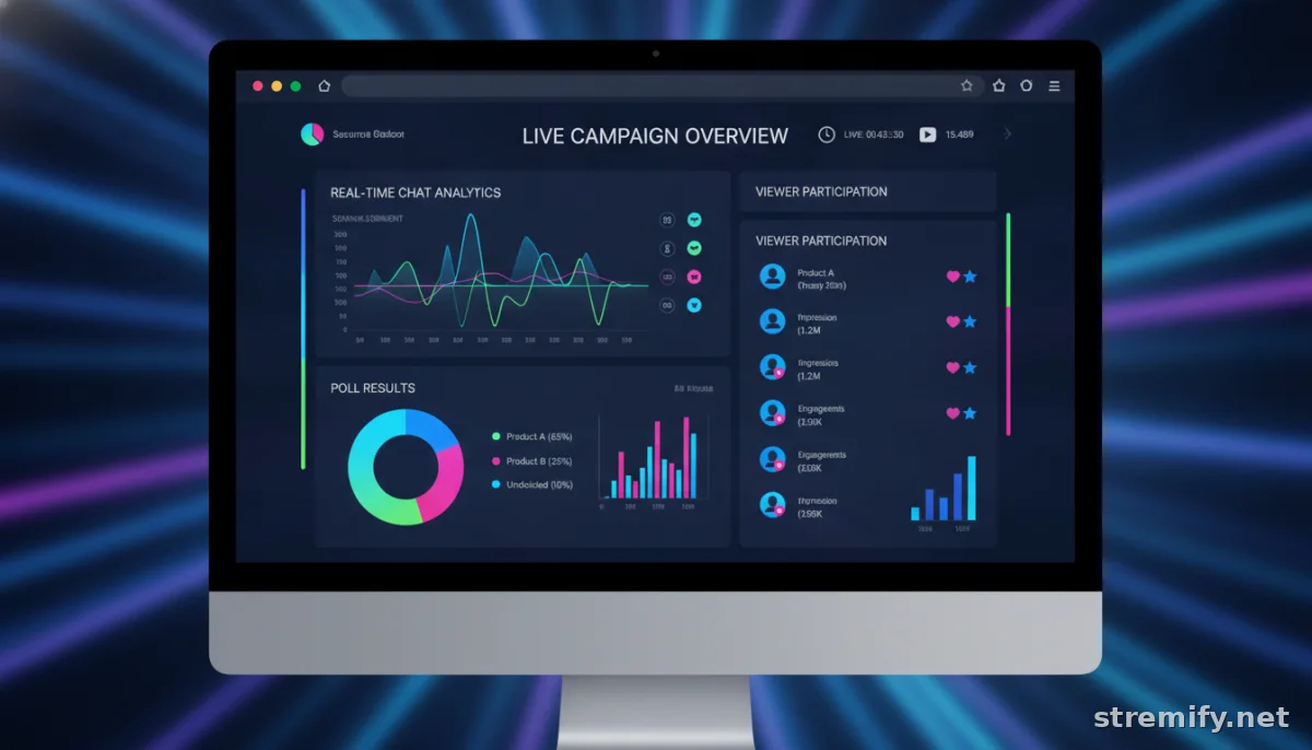 Merchant dashboard displaying real-time engagement analytics for a live shopping campaign, highlighting audience engagement live shopping.