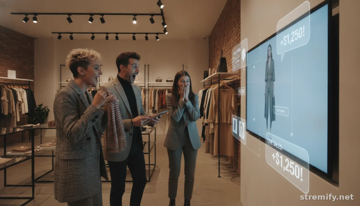 merchants watching interactive overlays for facebook live sales updates in a fashion boutique