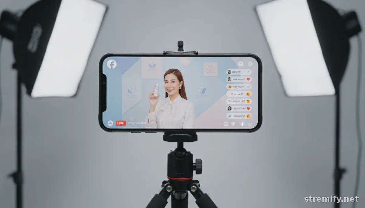 Facebook live selling smartphone stream with host, products, and interactive viewer comments