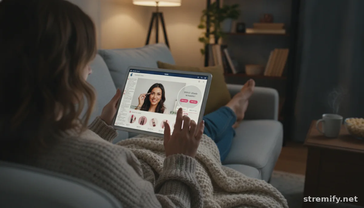 viewer interacting with interactive overlays for facebook live on a tablet during a live beauty stream