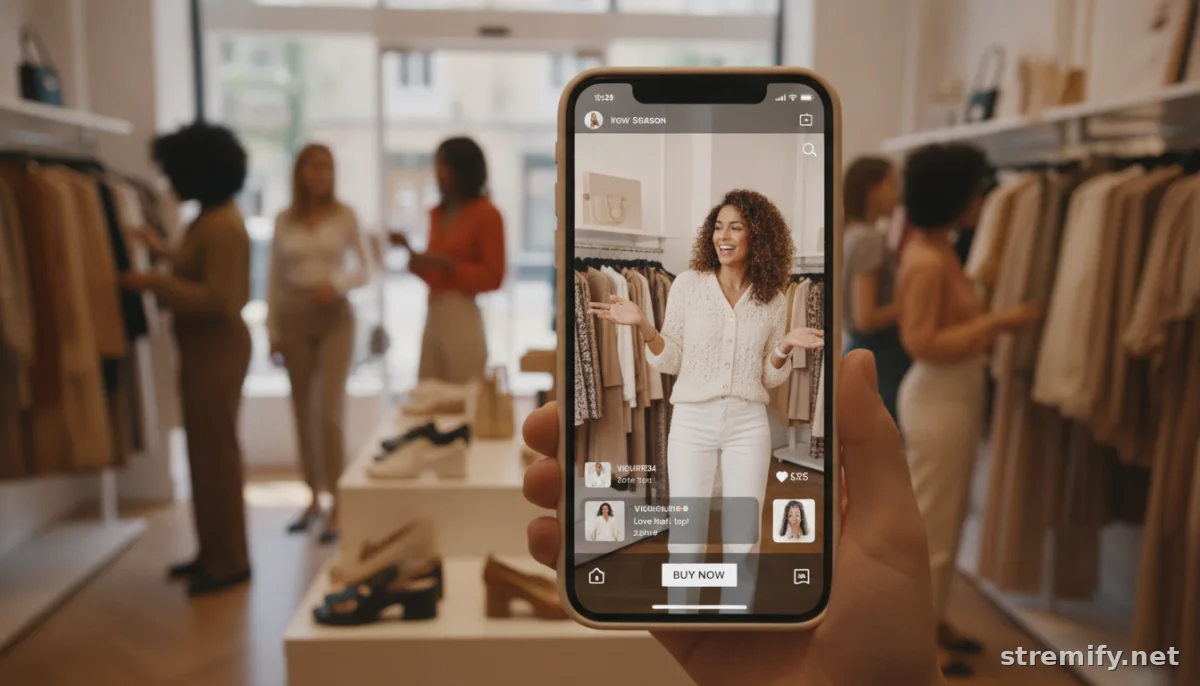 Fashion host presenting clothing on a live stream in a boutique, connecting with shoppers during a stream shopping event.