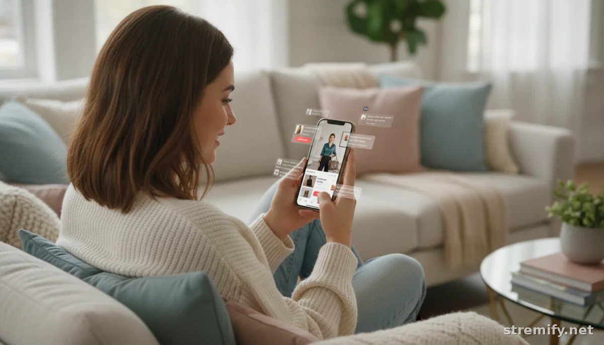 Shoppers browsing fashion items via live stream with interactive product cards and comments, representing stream shopping for fashion brands.