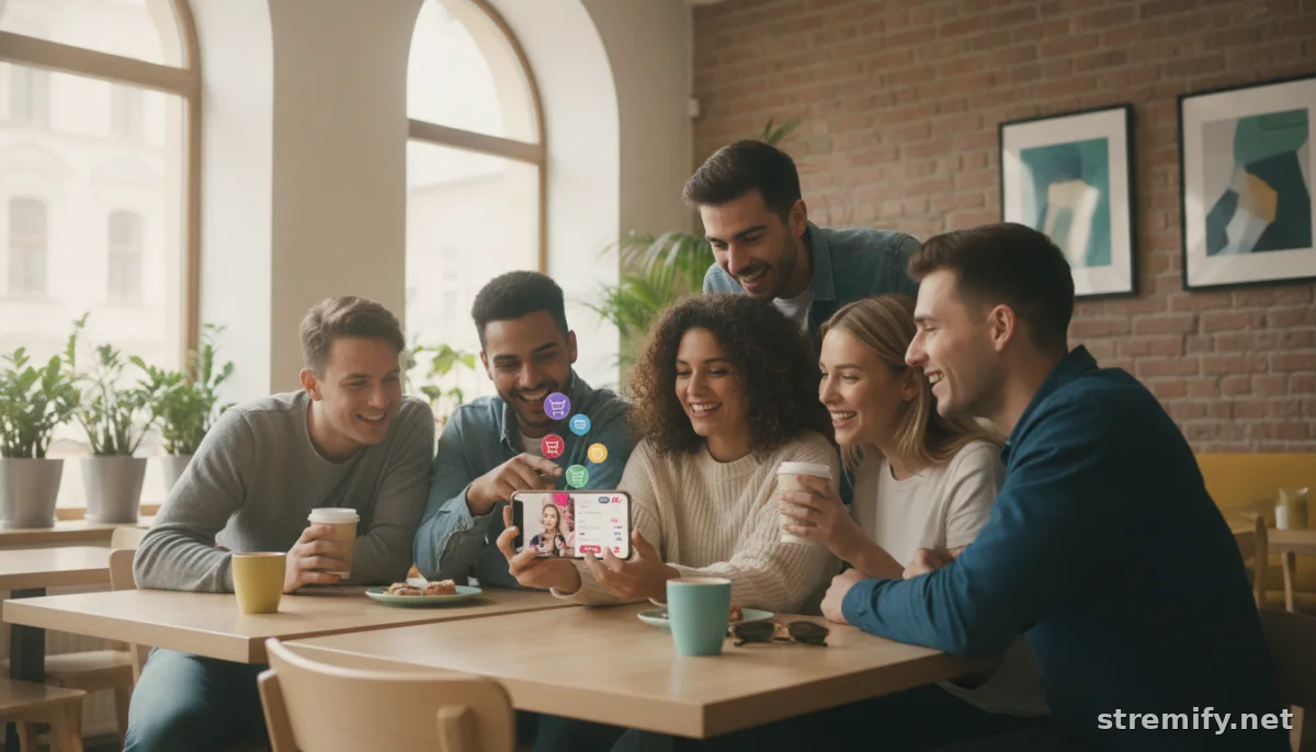 Group of friends watching a live shoppable stream on a smartphone in a cafe, with purchase notifications, representing a social commerce trend