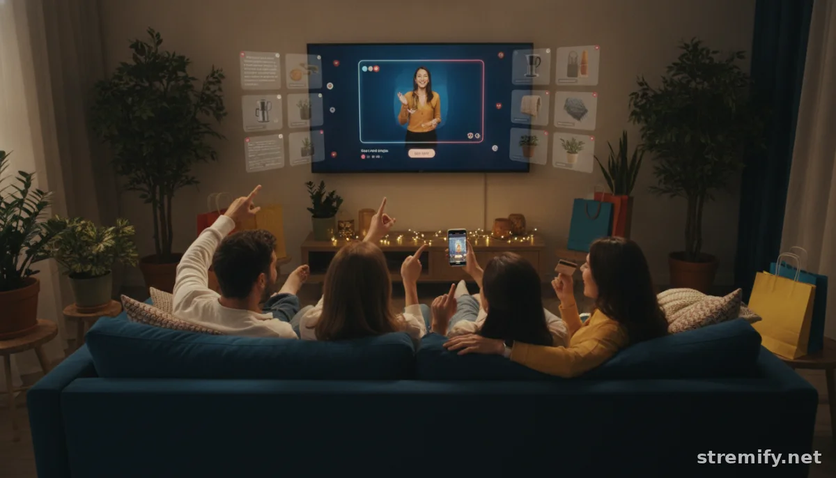 Friends watching a live shopping stream on TV with product recommendations.