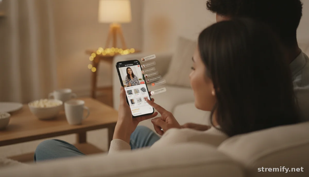 Two people watching a live shopping stream with product reviews and chat feed on a phone