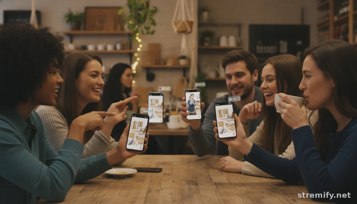 Friends watching live selling tips for eco-friendly products stream on phones in a café