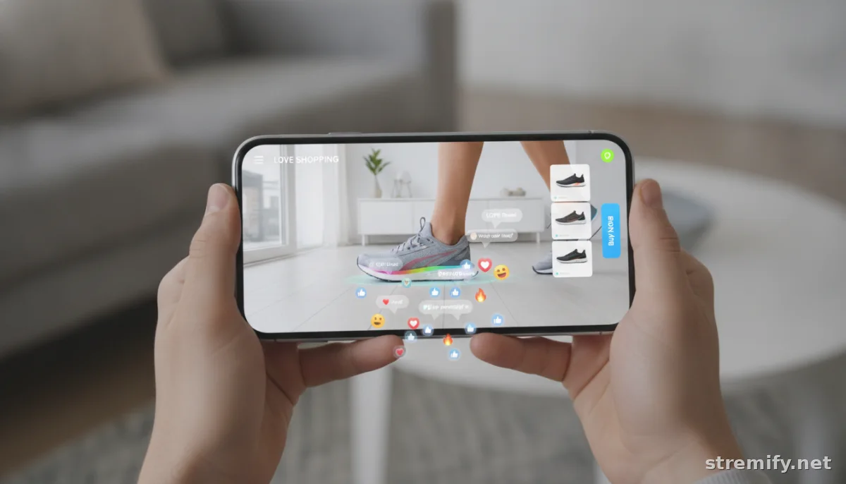 Gen Z shopper using AR during interactive shopping stream for virtual product try-on