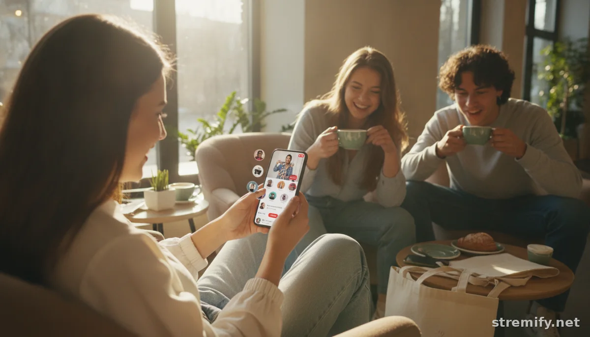 Gen Z shoppers participating in interactive shopping experiences on their phones at a café
