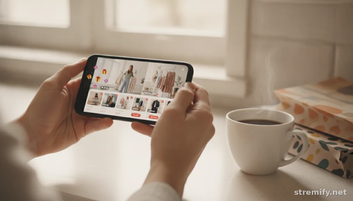 Viewer enters a giveaway during a live shopping stream on their phone in a kitchen setting