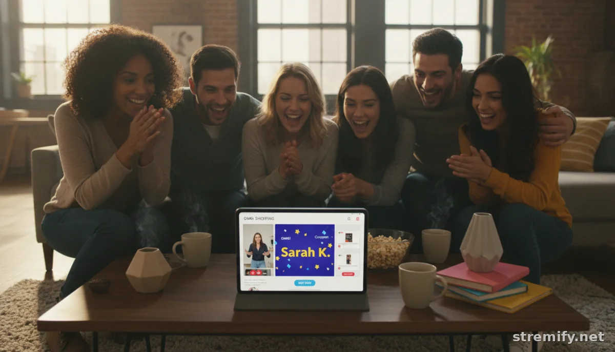 Friends reacting to a giveaway winner announcement during a live shopping stream on a tablet