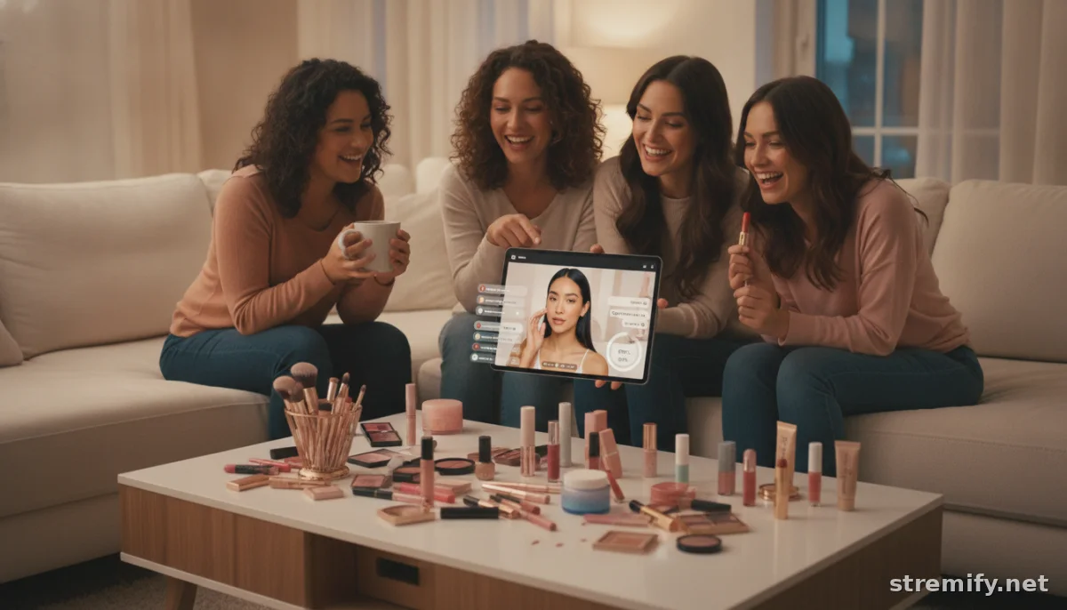Group of beauty shoppers interacting with live shopping stream and polls for beauty products.