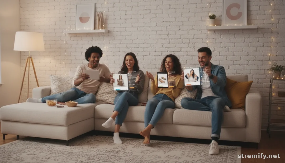 Friends shopping together during a shoppable livestream on their devices, interacting with product cards and chat.