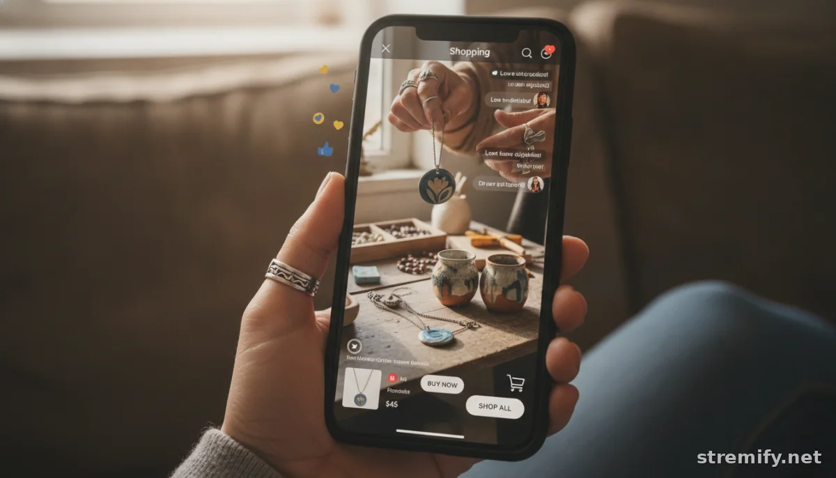 Maker shows handmade jewelry and pottery on a live stream with interactive comments and shopping icons.