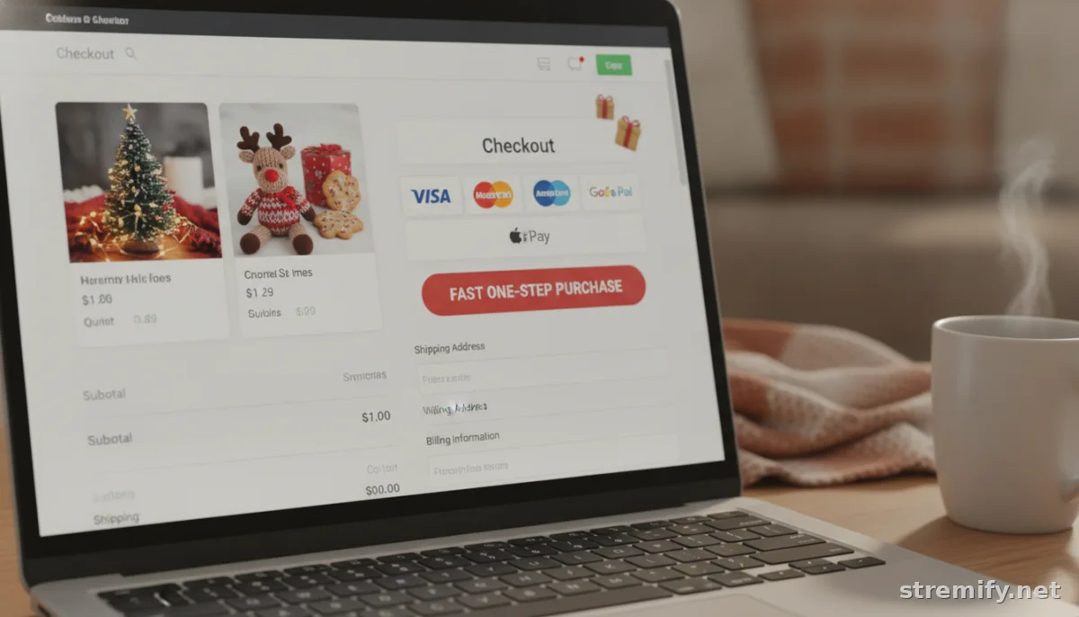 Holiday e-commerce checkout page with fast payment options and festive products.