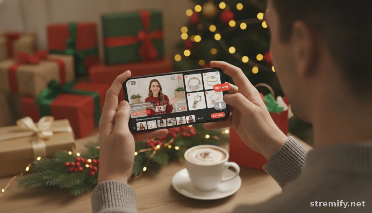 Live shopping stream showing holiday product cards and interactive buy options on mobile.