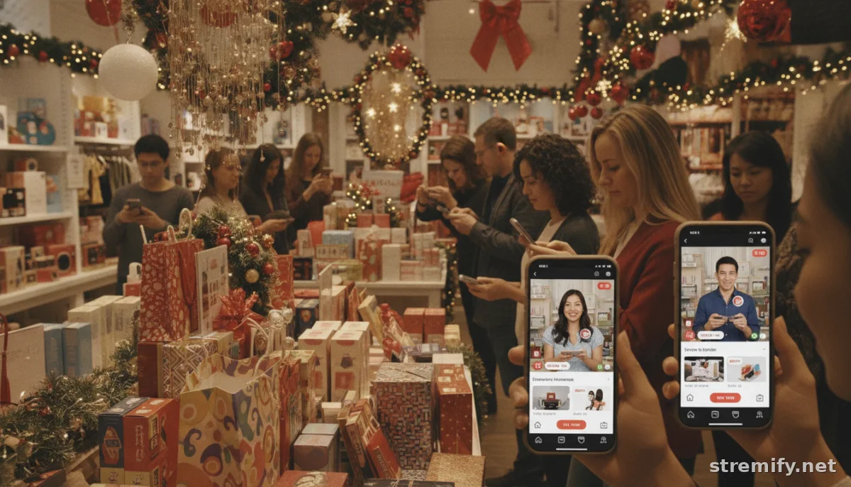 holiday shoppers using a holiday sales toolkit on mobile phones in a decorated shop