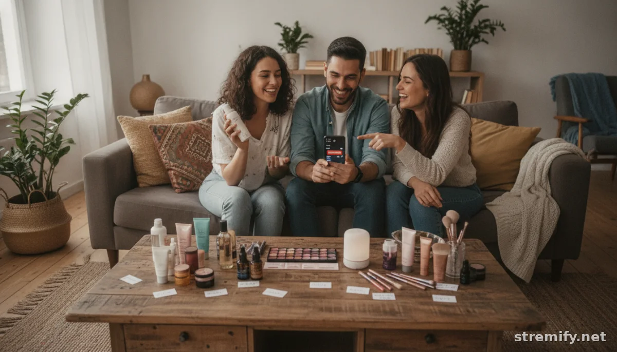 Sellers hosting a live shopping stream interacting with viewers around product displays