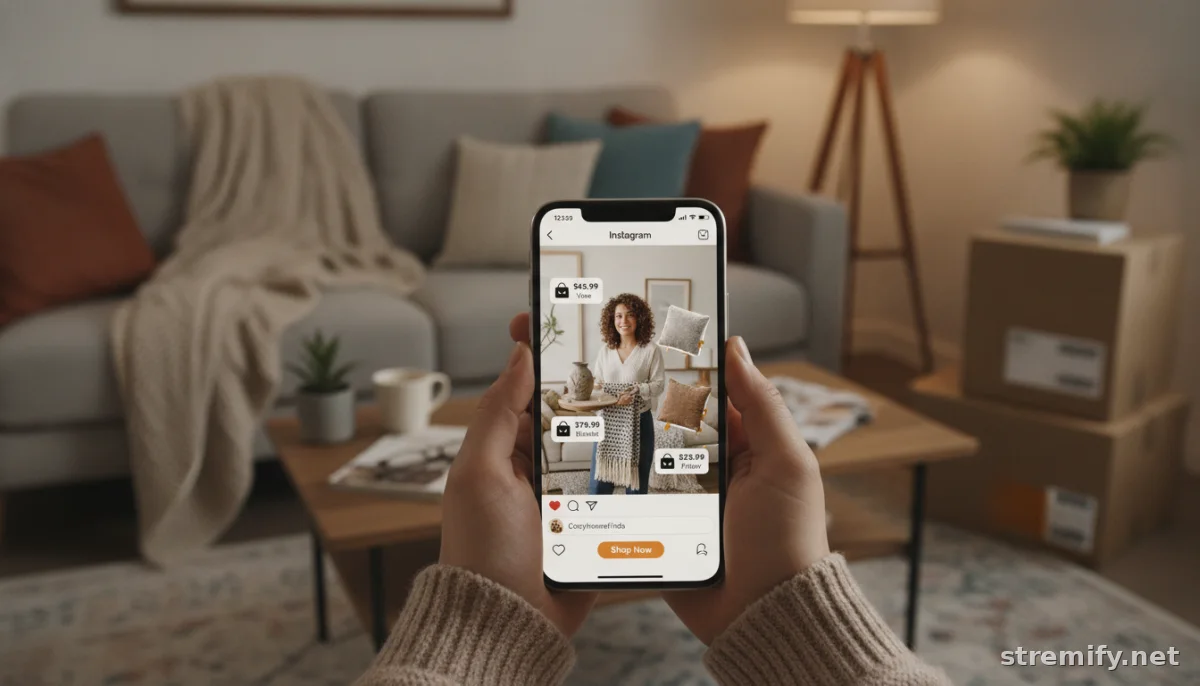 Phone showing Instagram Reel with shoppable product tags at home