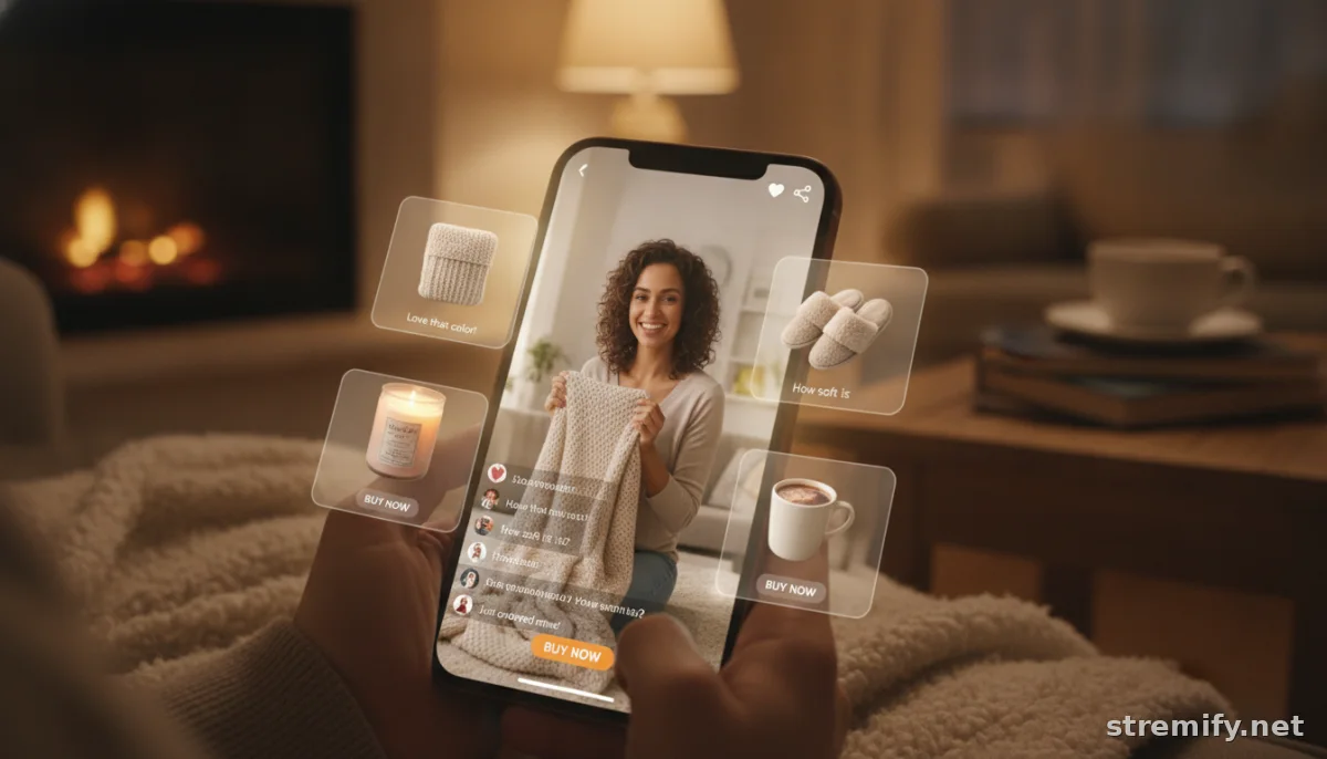 Interactive live shopping video stream with real-time comments and product cards on smartphone screen.