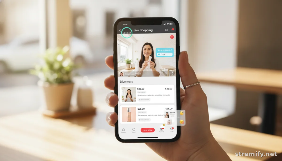 Hand holding phone showing interactive live shopping widgets like timers and polls in a cafe