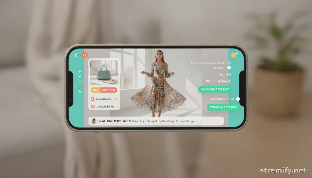 Smartphone with interactive live stream overlay, product highlights, and real-time purchase notifications