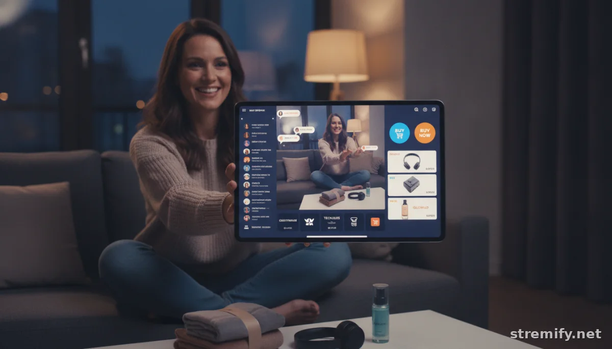 live shopping host using a tablet to feature multiple brands with interactive chat and product cards