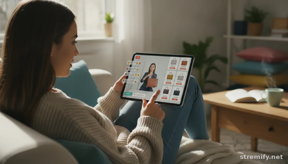 Shopper browsing optimized product feed for live commerce on tablet in living room