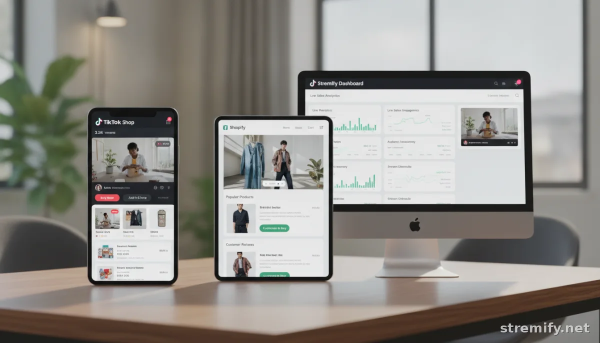 Comparison view showing TikTok Shop Shopify shop page and Stremify dashboard interfaces used for live commerce