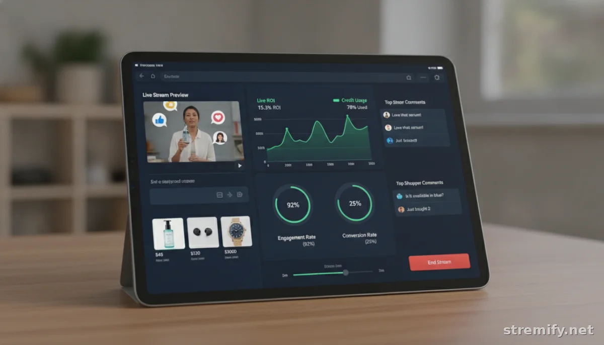 Dashboard showing live commerce ROI analytics and credit usage for a live shopping platform