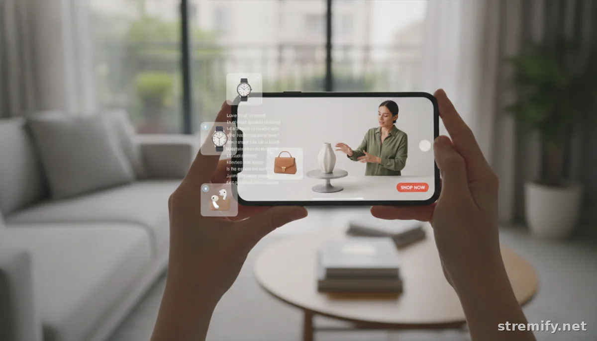 Phone showing shoppable live shopping stream with product cards and buy buttons, illustrating live commerce ROI
