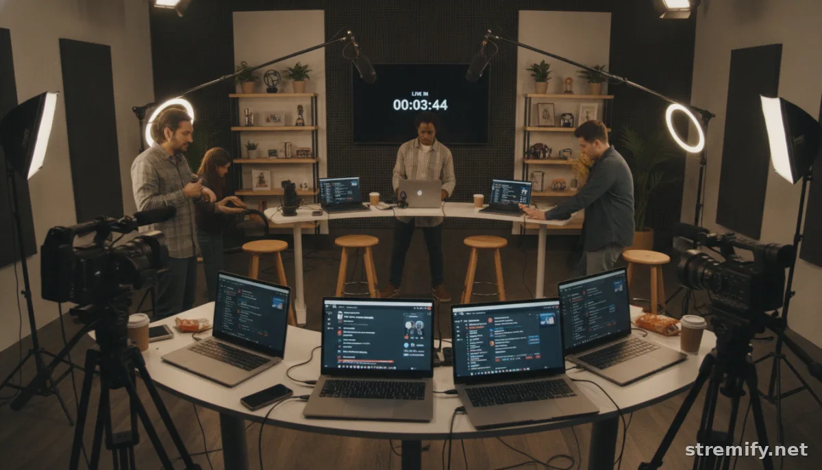 Behind-the-scenes setup for multi-platform live commerce streaming session featuring creators preparing cameras microphones and dashboards