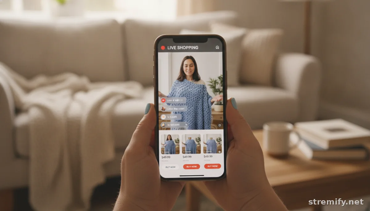 mobile phone showing live ecommerce stream with product cards and comments