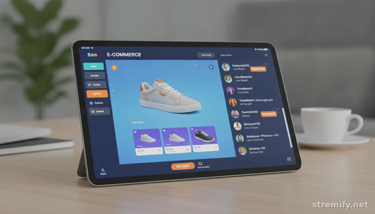 E-commerce dashboard on tablet highlighting real-time audience engagement and live winner notifications