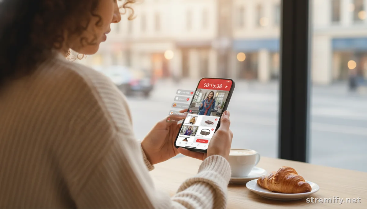 Shopper viewing live sale with countdown timer and product cards on phone in cafe