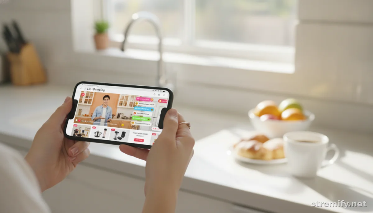 Smartphone displaying customer questions during live sales with product info and chat bubbles