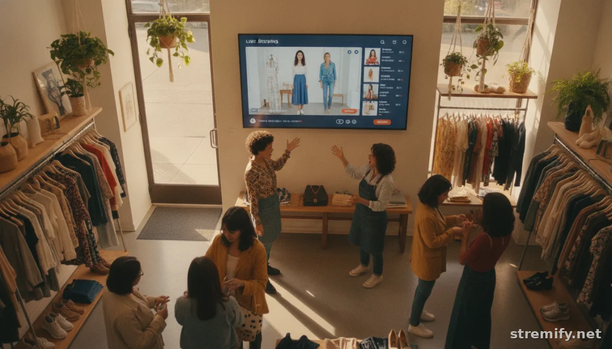 live selling event in boutique shop, staff interacting with live shopping stream on TV, best camera for live selling article