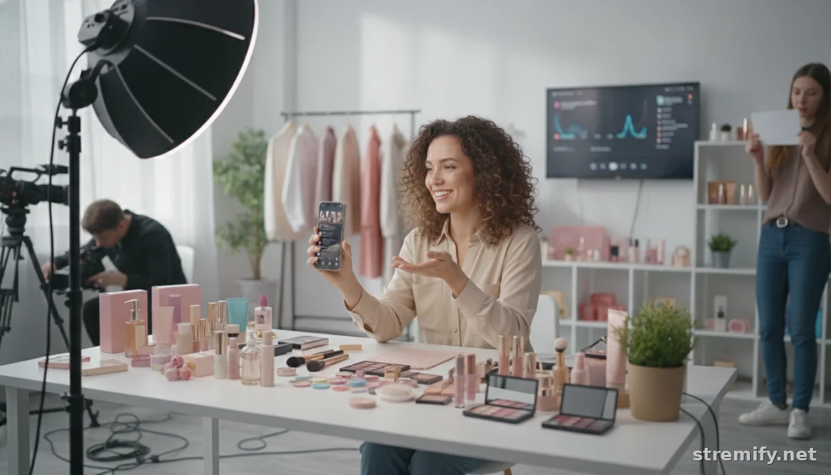 Behind the scenes of a live selling broadcast with products and phone interaction, 2026