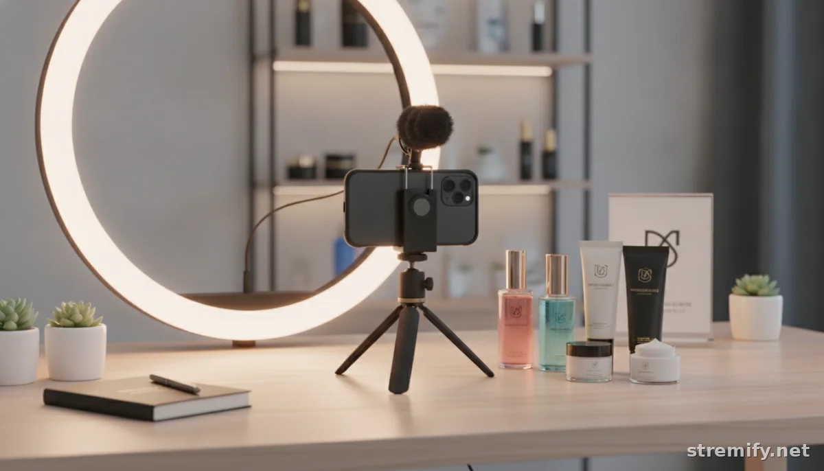 Live selling equipment setup with smartphone, microphone, ring light, and products, 2026